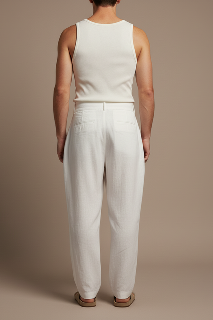 Pantalon Baggy Blanc Lin Plissé Taille Haute Homme - vue 2