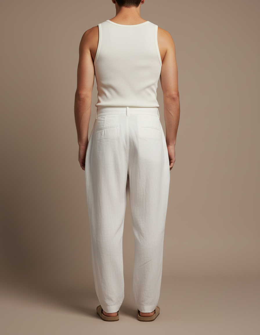 Pantalon Baggy Blanc Lin Plissé Taille Haute Homme - vue 2