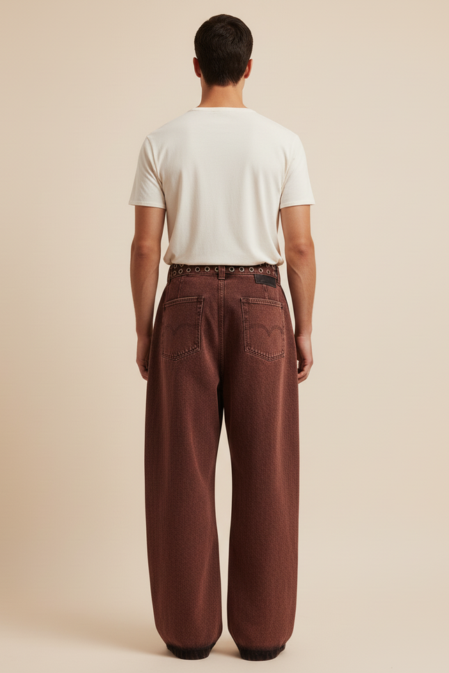 Pantalon Baggy Marron Délavé Ample Brodé Homme - Jean - vue 2