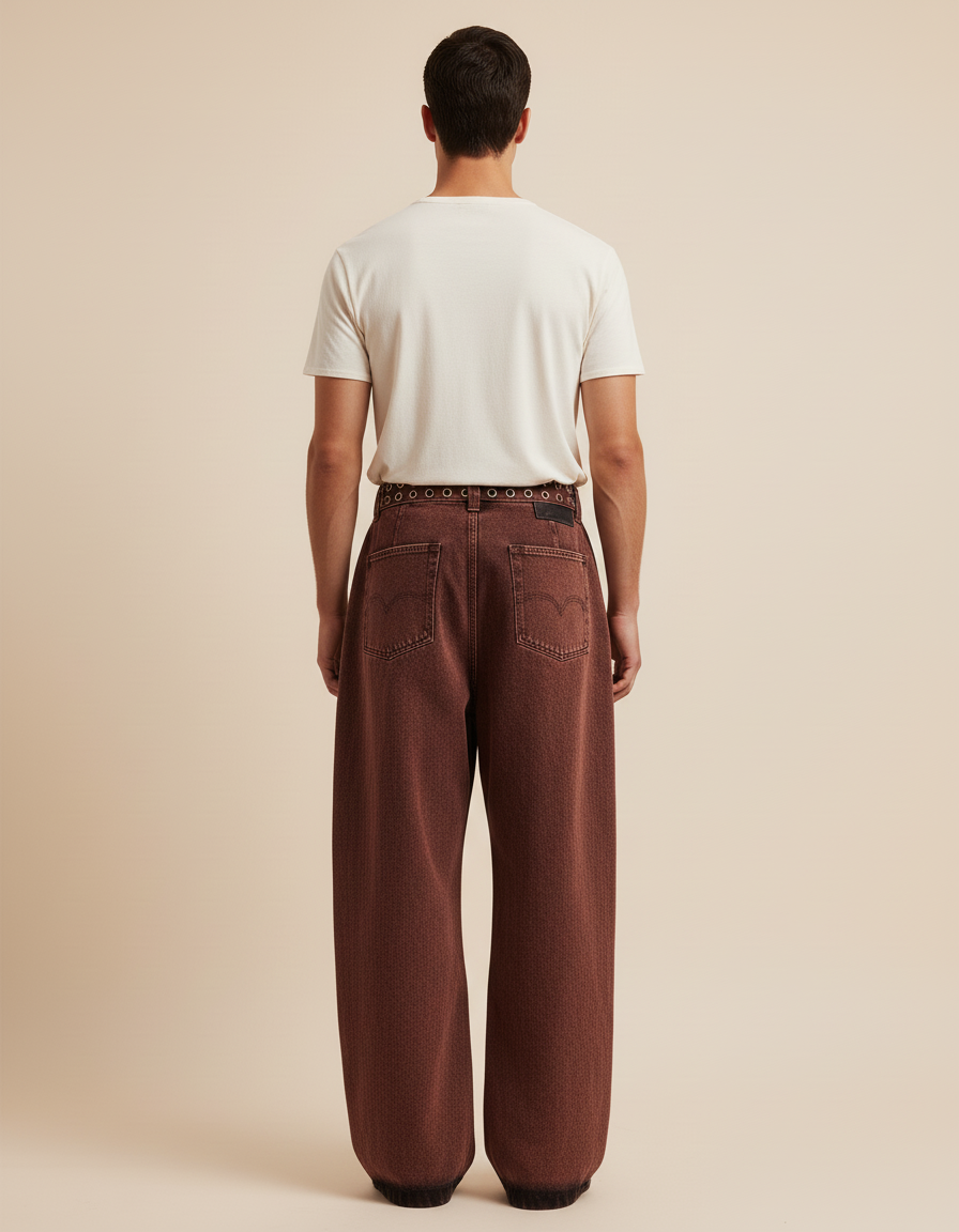 Pantalon Baggy Marron Délavé Ample Brodé Homme - Jean - vue 2