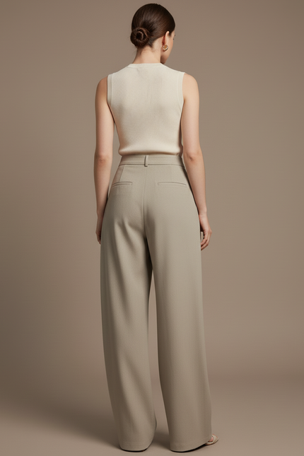 Pantalon Baggy Gris Clair Ample Droit Élégant Taille Haute - Kaki Gabardine - vue 2