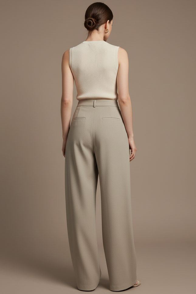 Pantalon Baggy Gris Clair Ample Droit Élégant Taille Haute - Kaki Gabardine - vue 2