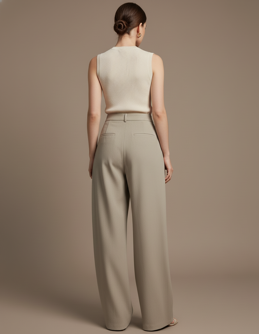 Pantalon Baggy Gris Clair Ample Droit Élégant Taille Haute - Kaki Gabardine - vue 2