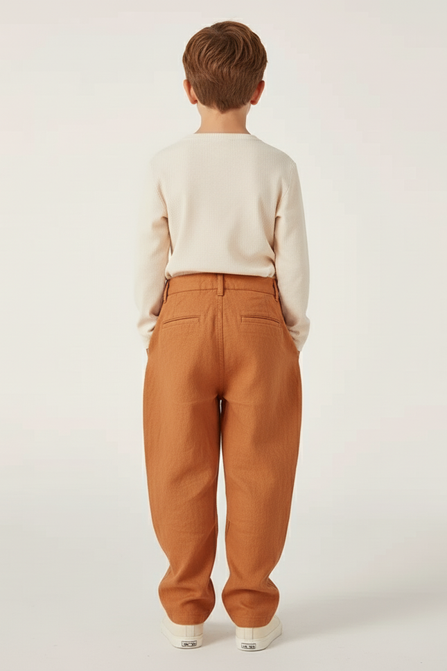 Pantalon Baggy Marron Ample Plissé Enfant Décontracté - Lin - vue 2