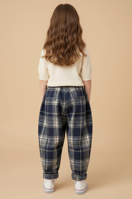 Pantalon Baggy Carreaux Écossais Bleu Marine Ample Enfant - Tweed - vue 2
