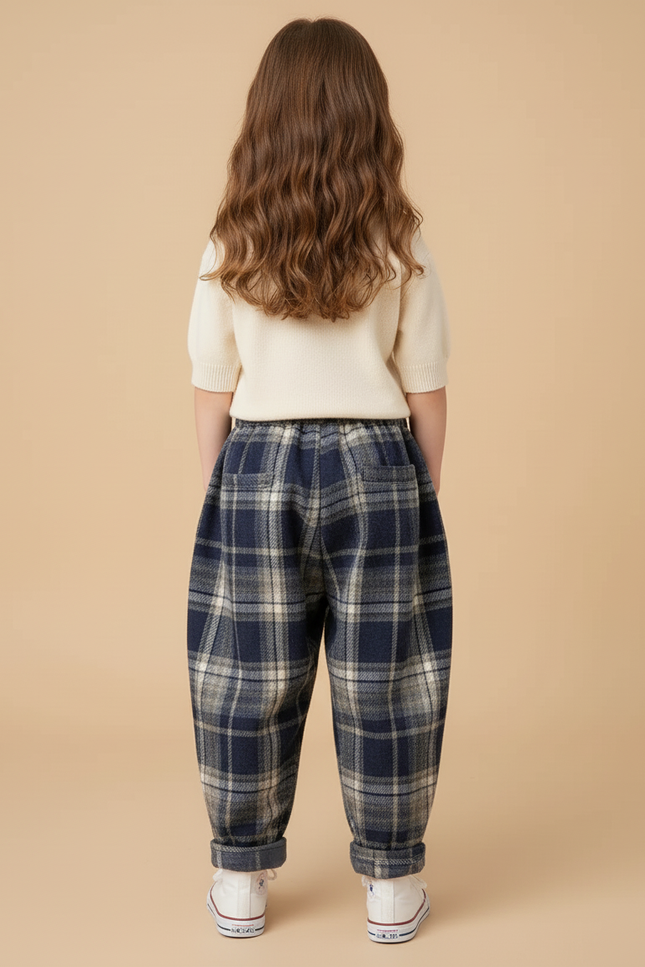 Pantalon Baggy Carreaux Écossais Bleu Marine Ample Enfant - Tweed - vue 2