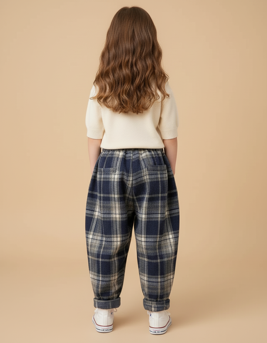 Pantalon Baggy Carreaux Écossais Bleu Marine Ample Enfant - Tweed - vue 2