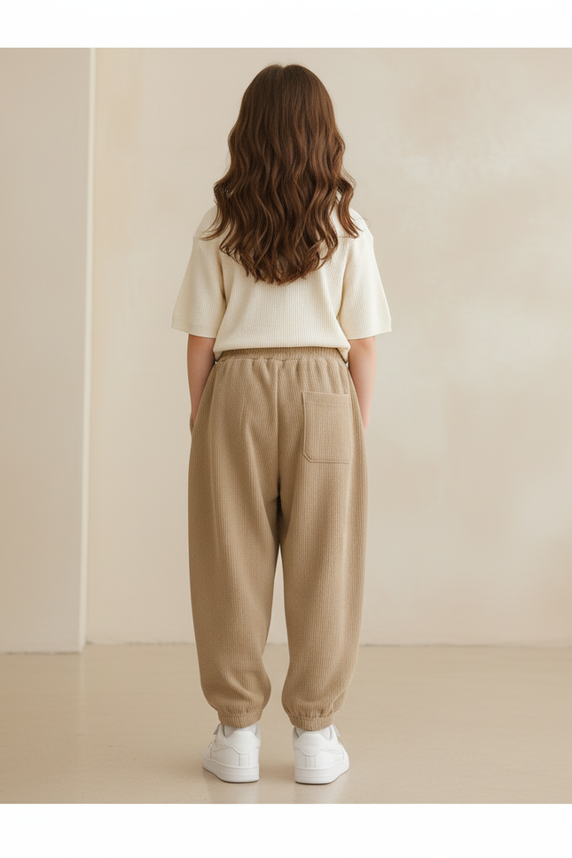 Pantalon Baggy Côtelé Beige Ample Décontracté Enfant Cordon Vert - Cordé - vue 2