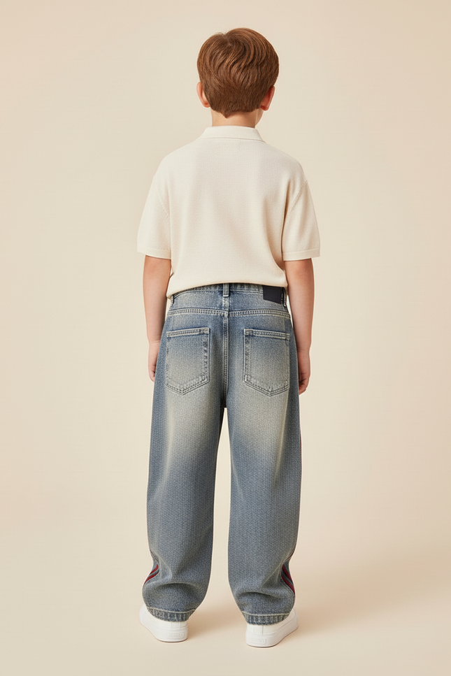 Pantalon Baggy Jean Bleu Rayures Rouges Ample - vue 2