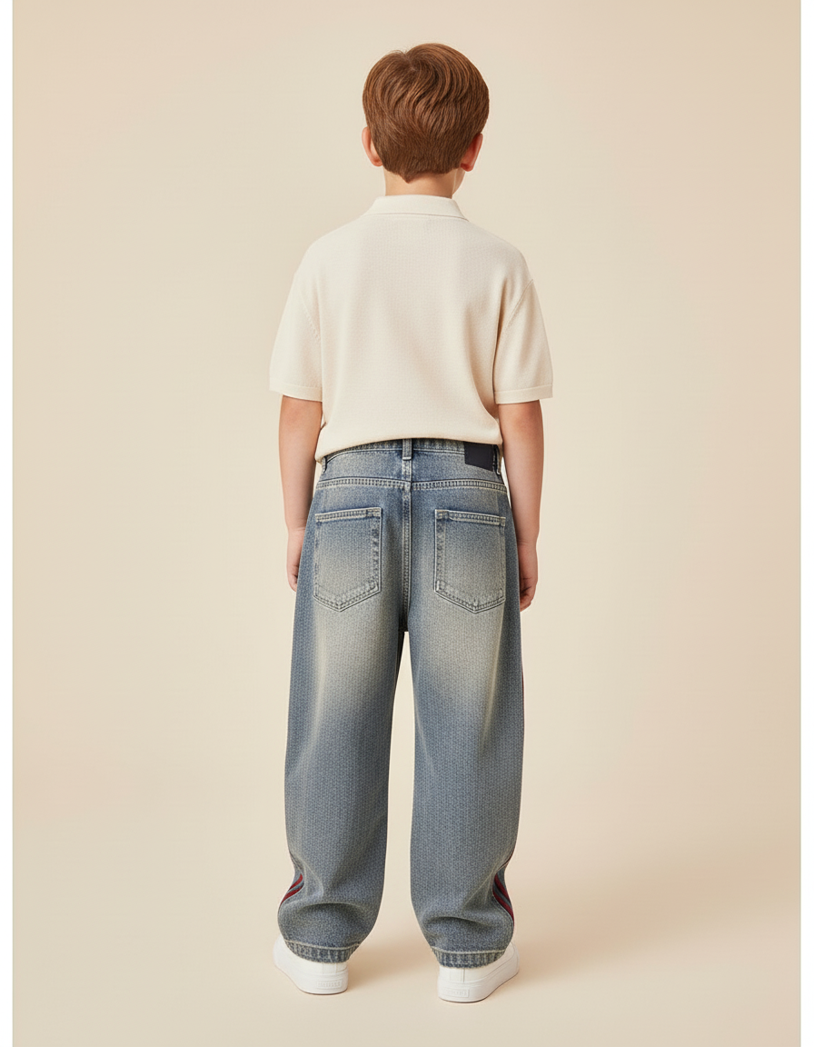 Pantalon Baggy Jean Bleu Rayures Rouges Ample - vue 2