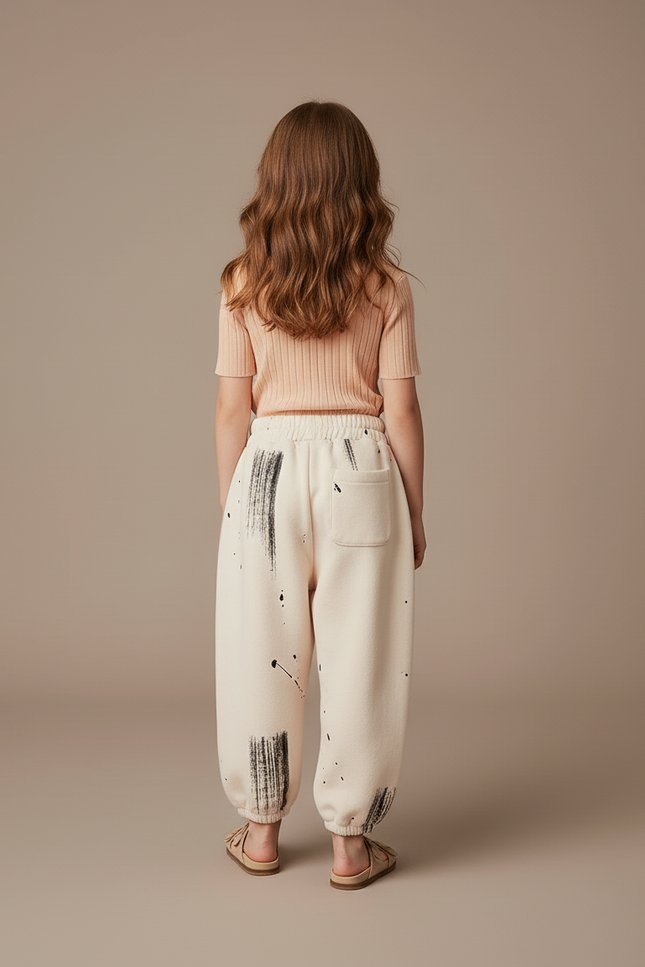 Pantalon Baggy Crème Coton Imprimé Noir Ample Enfant - Beige Molleton - vue 2