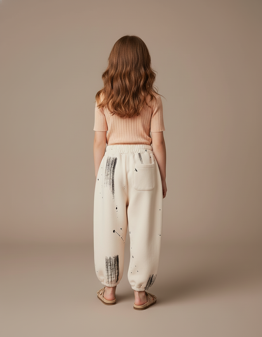 Pantalon Baggy Crème Coton Imprimé Noir Ample Enfant - Beige Molleton - vue 2