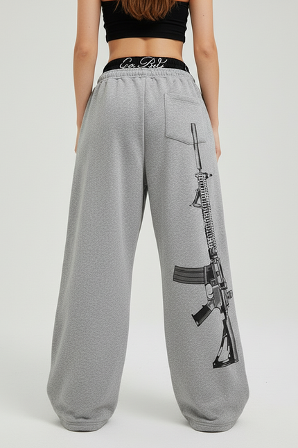 Pantalon Baggy Gris Imprimé Fusil Décontracté Large Cordon - Molleton