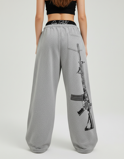 Pantalon Baggy Gris Imprimé Fusil Décontracté Large Cordon - Molleton