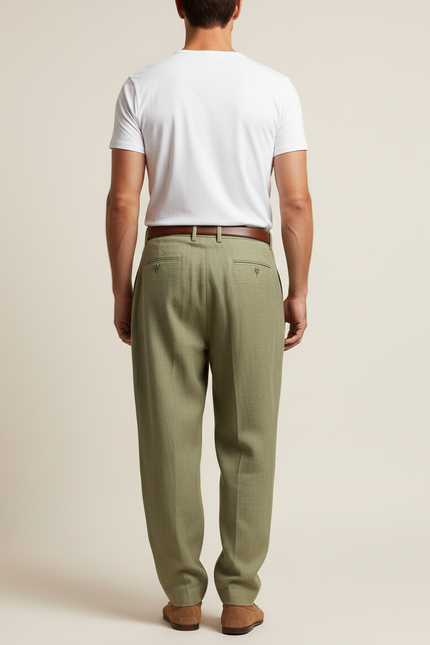 Pantalon Baggy Vert Olive Plissé Ample Homme Élégant - Tweed - vue 2