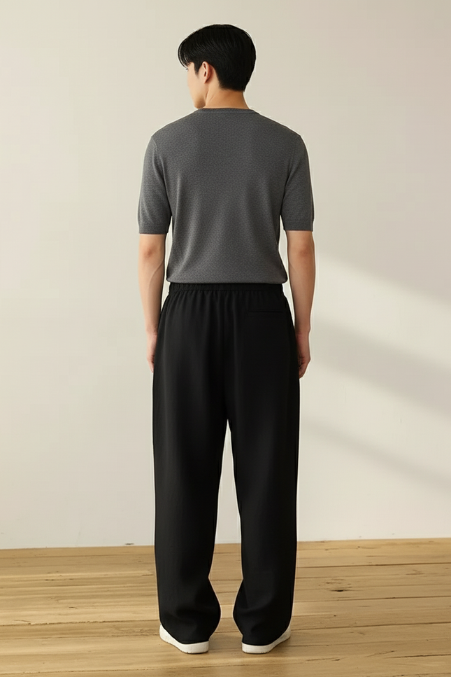 Pantalon Baggy Noir Ample Droit Décontracté Unisexe - Lin - vue 2