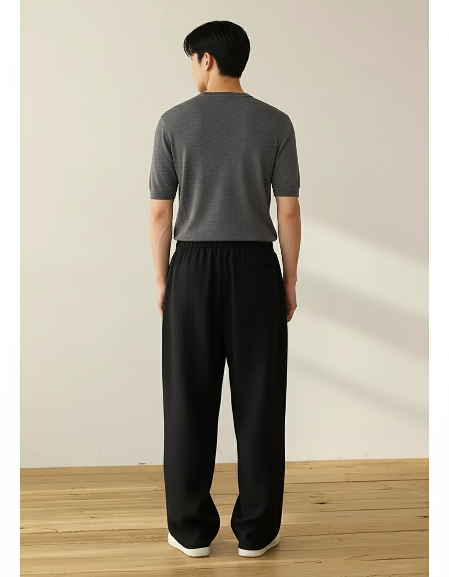 Pantalon Baggy Noir Ample Droit Décontracté Unisexe - Lin - vue 2