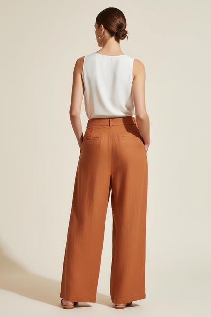 Pantalon Baggy Orange Brûlé Ample Lin Taille Haute - vue 2