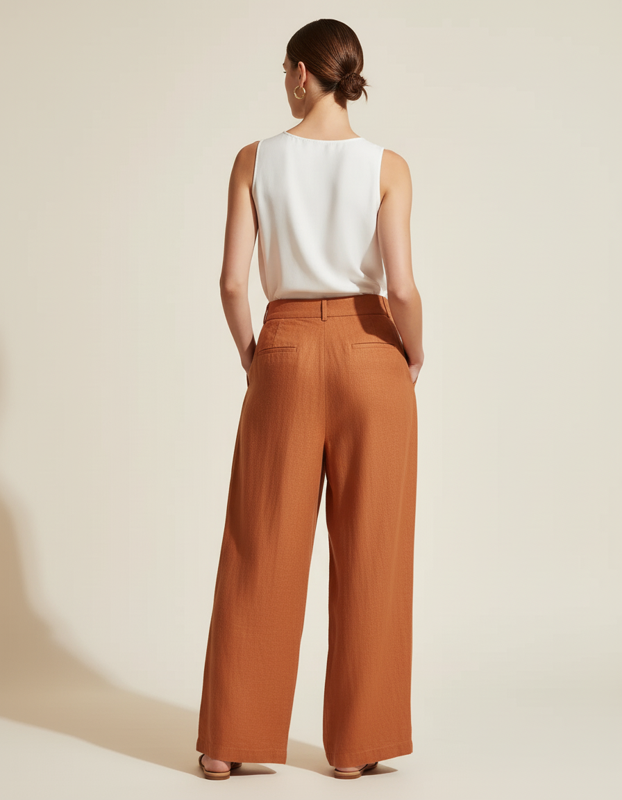 Pantalon Baggy Orange Brûlé Ample Lin Taille Haute - vue 2