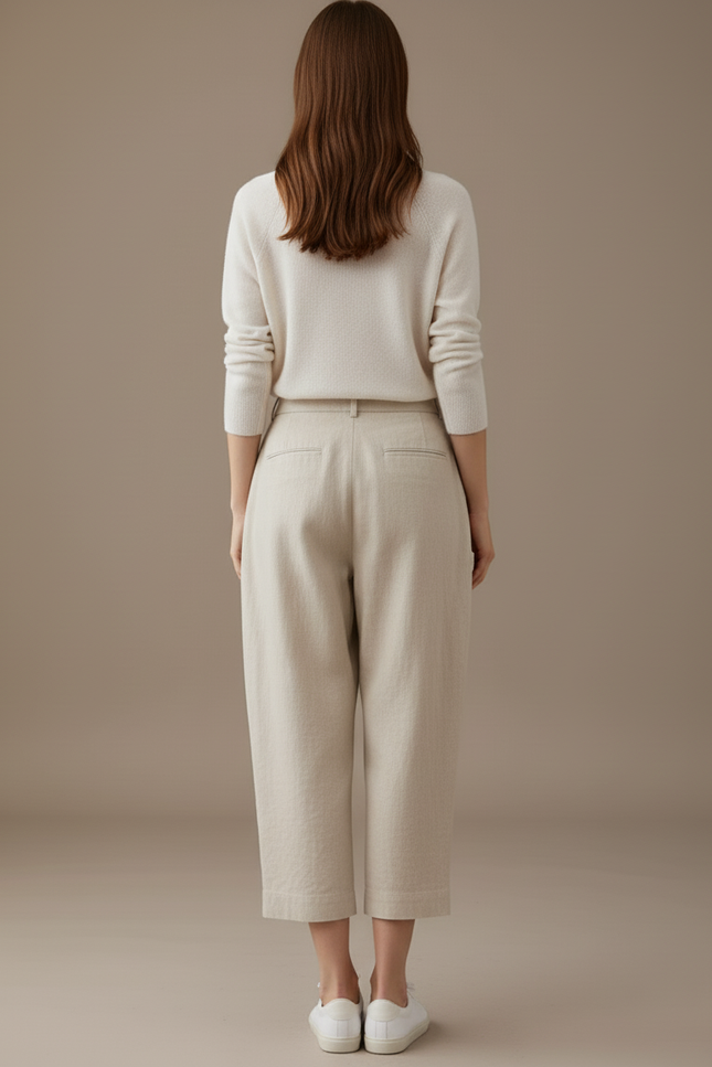 Pantalon Baggy Lin Ample Beige Court Décontracté Femme - vue 2
