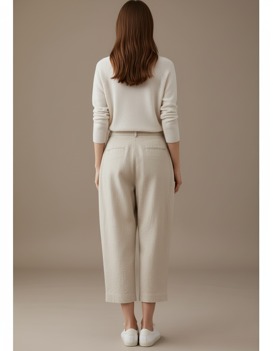 Pantalon Baggy Lin Ample Beige Court Décontracté Femme - vue 2