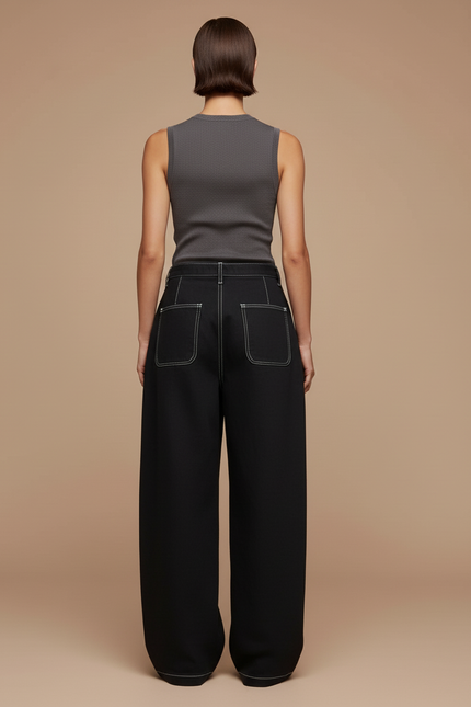 Pantalon Baggy Noir Ample Surpiqûres Blanches Décontracté Femme - Jean - vue 2