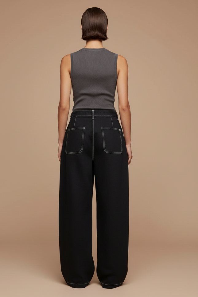 Pantalon Baggy Noir Ample Surpiqûres Blanches Décontracté Femme - Jean - vue 2