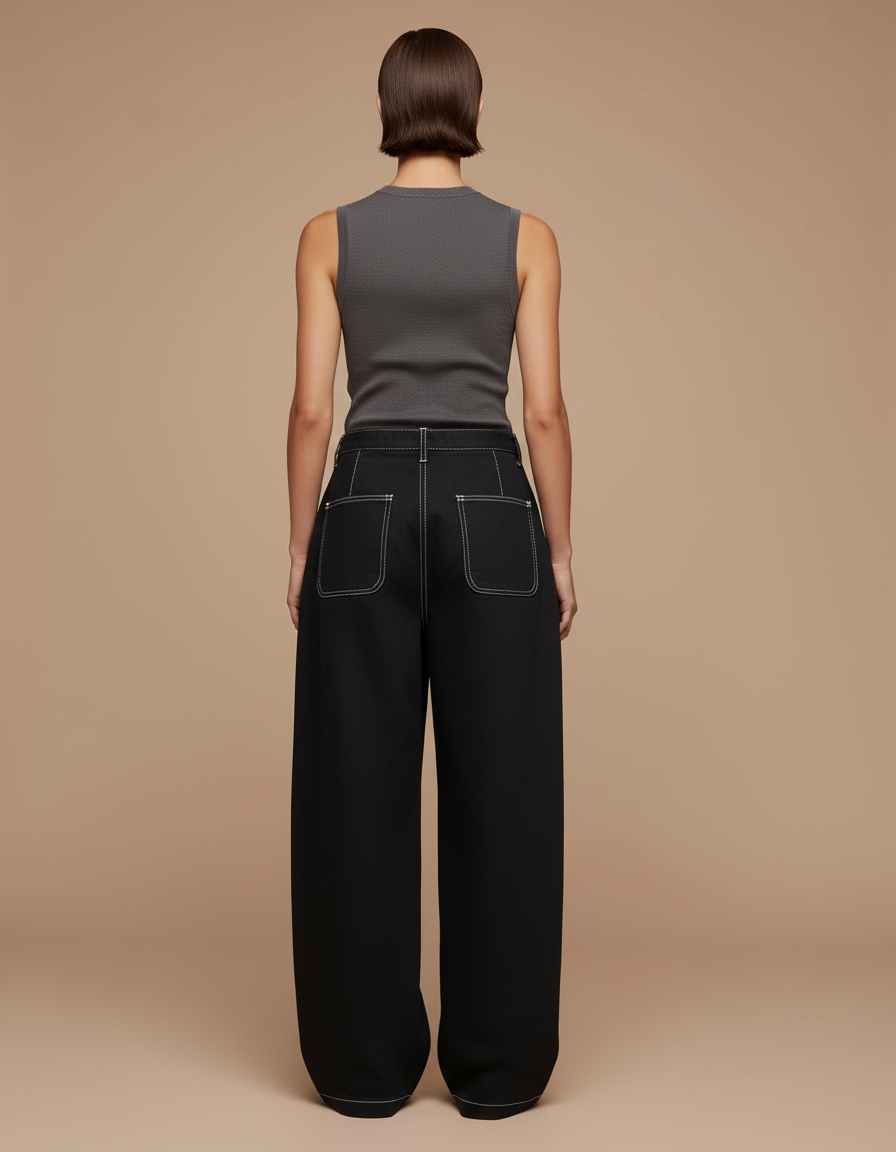Pantalon Baggy Noir Ample Surpiqûres Blanches Décontracté Femme - Jean - vue 2