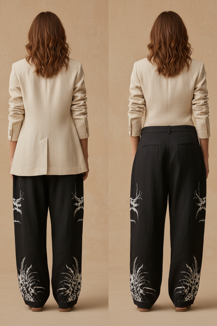 Pantalon Baggy Noir Lin Ample Imprimé Tribal Femme - vue 2