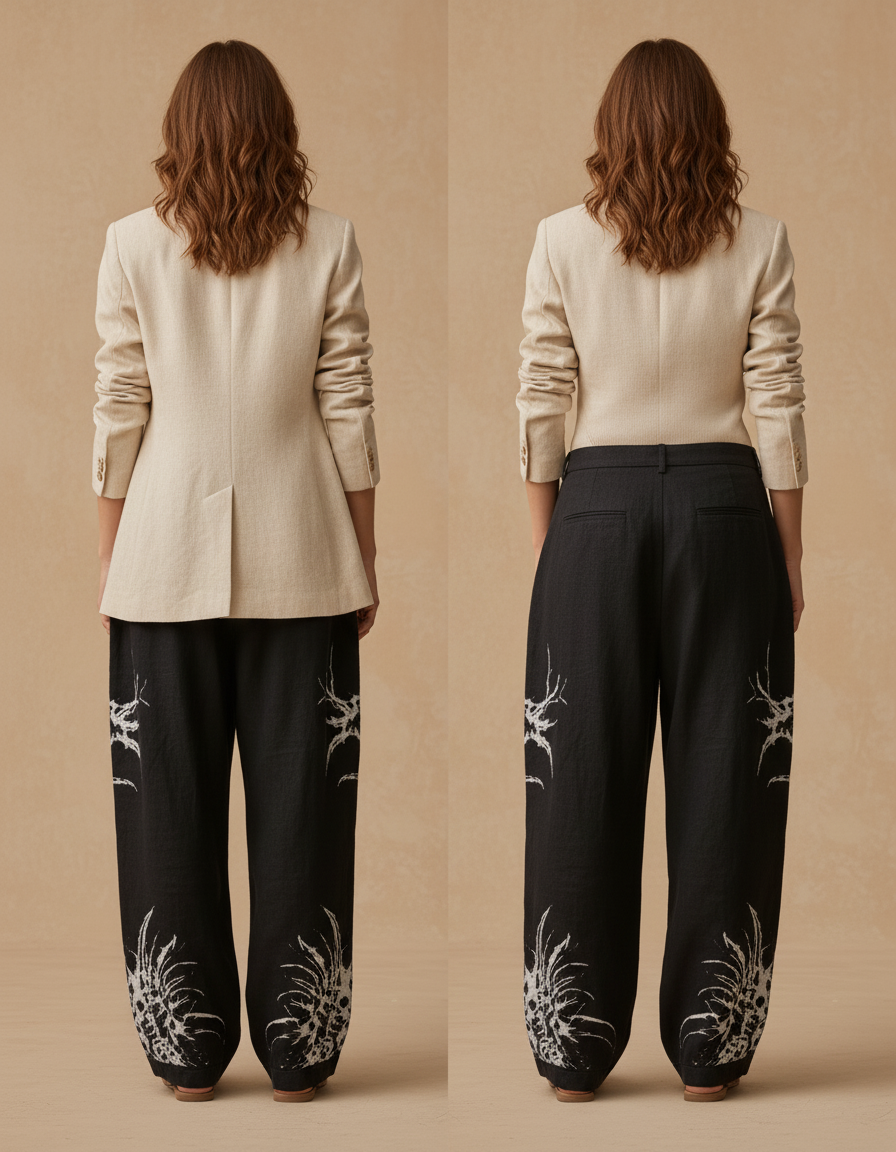 Pantalon Baggy Noir Lin Ample Imprimé Tribal Femme - vue 2