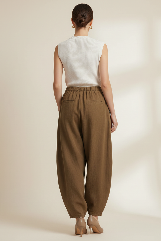 Pantalon Baggy Lin Coton Ample Élastique Marron Femme - Kaki - vue 2