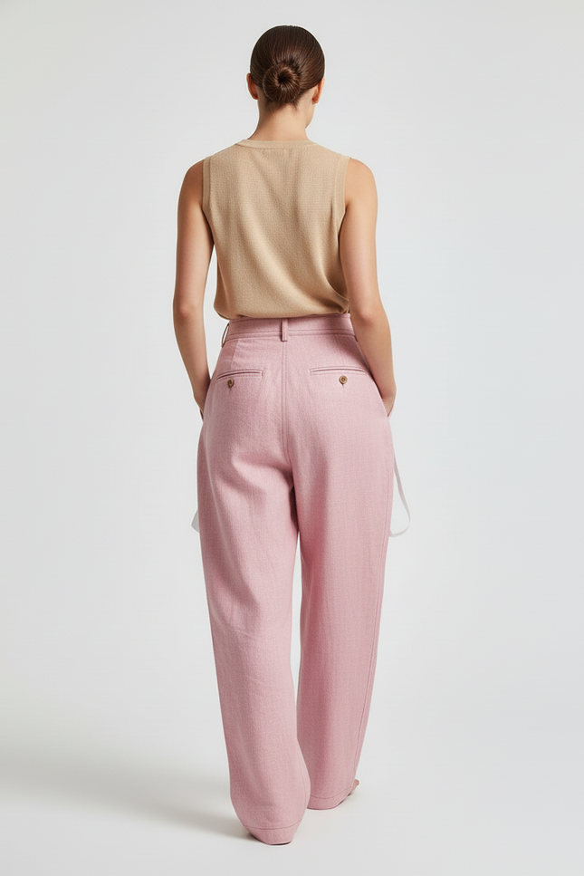 Pantalon Baggy Rose Pâle Lin Plissé Ample - vue 2