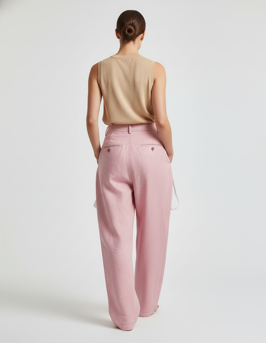 Pantalon Baggy Rose Pâle Lin Plissé Ample - vue 2