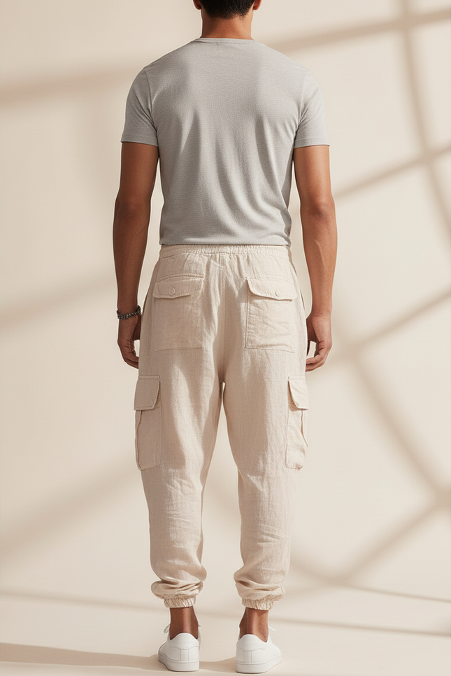 Pantalon Baggy Beige Lin Cargo Ample Cordon Homme - vue 2