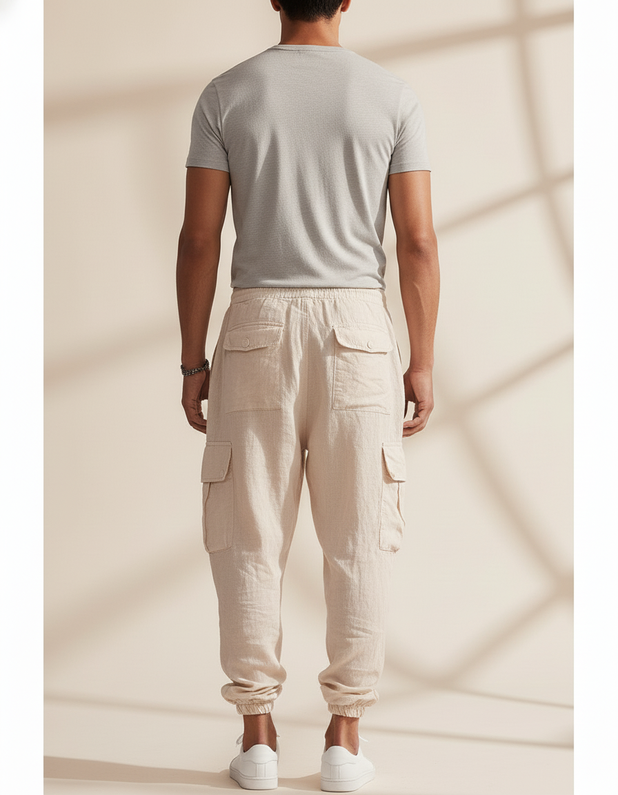 Pantalon Baggy Beige Lin Cargo Ample Cordon Homme - vue 2
