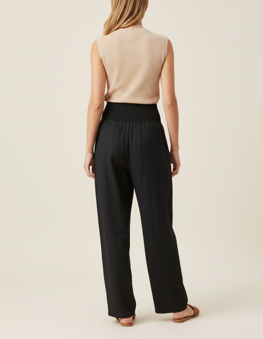 Pantalon Baggy Noir Ample Fluide Smocké Décontracté - Lin - vue 2