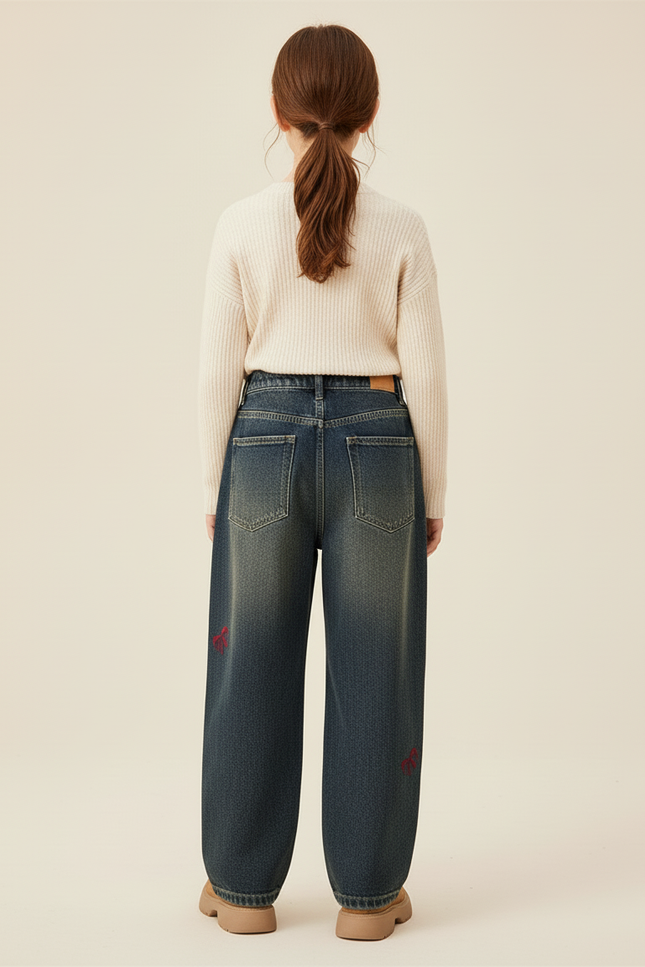 Pantalon Baggy Jean Délavé Ample Brodé Enfant - Bleu - vue 2