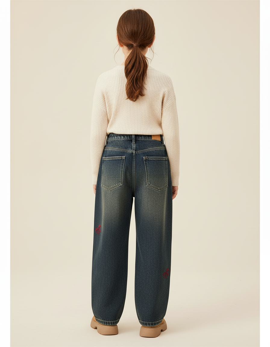 Pantalon Baggy Jean Délavé Ample Brodé Enfant - Bleu - vue 2