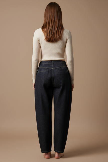 Pantalon Baggy Jean Denim Ample Plissé Taille Haute - Marine - vue 2