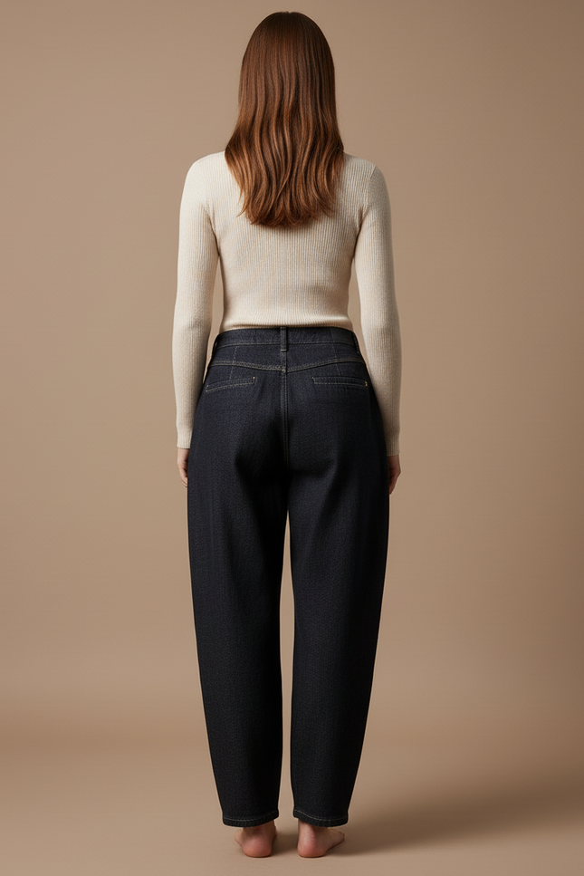 Pantalon Baggy Jean Denim Ample Plissé Taille Haute - Marine - vue 2