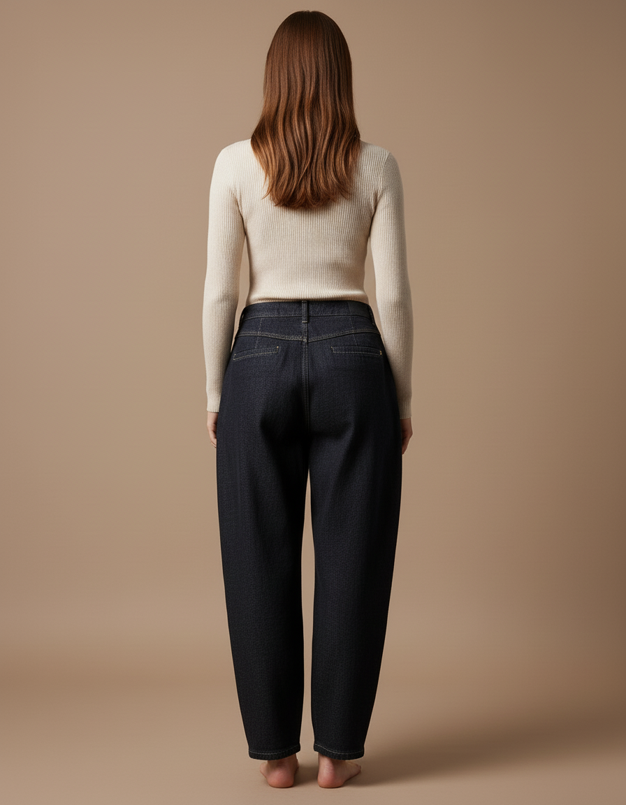 Pantalon Baggy Jean Denim Ample Plissé Taille Haute - Marine - vue 2