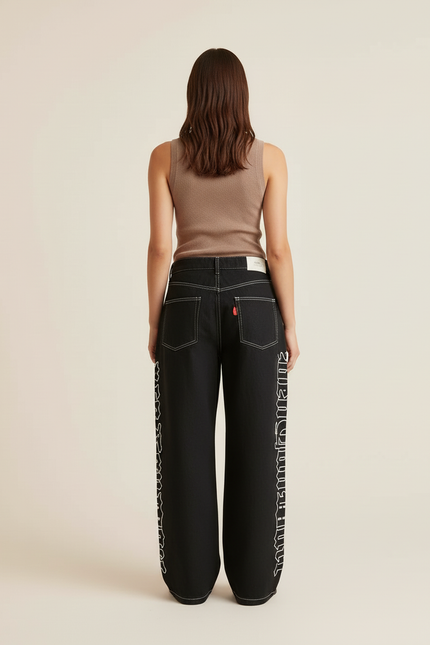 Pantalon Baggy Noir Brodé Large Gothique Femme - Jean - vue 2
