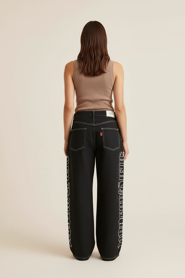 Pantalon Baggy Noir Brodé Large Gothique Femme - Jean - vue 2