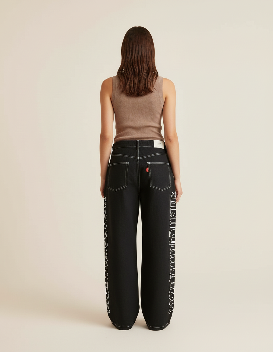 Pantalon Baggy Noir Brodé Large Gothique Femme - Jean - vue 2