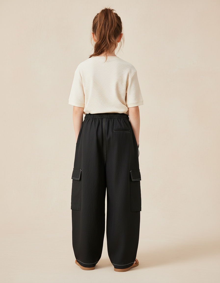 Pantalon Baggy Noir Cargo Rayures Blanches Enfant - Toile - vue 2