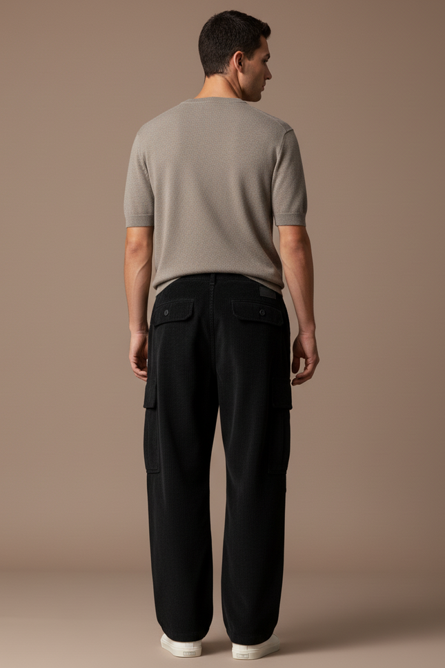 Pantalon Baggy Noir Côtelé Cargo Ample Homme - Cordé - vue 2