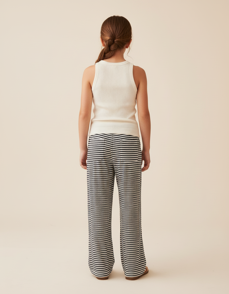 Pantalon Baggy Rayé Noir Blanc Ample Cordon Confortable Fille - Imprimé Maille - vue 2