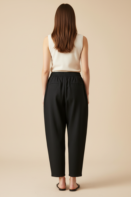 Pantalon Baggy Noir Lin Ample Taille Élastique Femme - vue 2