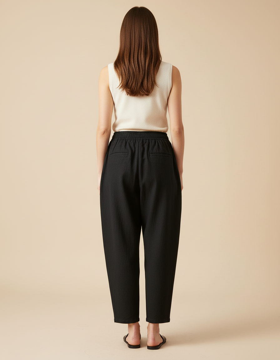 Pantalon Baggy Noir Lin Ample Taille Élastique Femme - vue 2