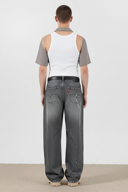 Pantalon Baggy Gris Délavé Imprimé Ample Streetwear - Jean - vue 2